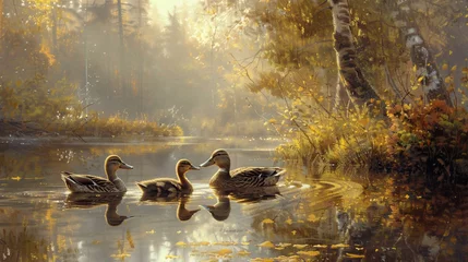 Selbstklebende Fototapeten A charming family of ducks swimming in a tranquil forest pond, their reflections mirrored in the calm water. © baseer