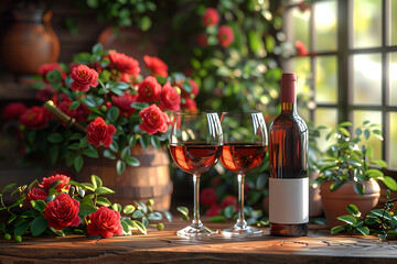 Exquisite wine glasses and bottle arranged elegantly on table, inviting a moment of relaxation. Inviting wine set amidst beautiful lighting, perfect for romantic dinner or celebratory gathering