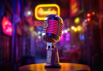 Close-up of retro vintage microphone, isolated on blurred colourful studio cafe and radio background.