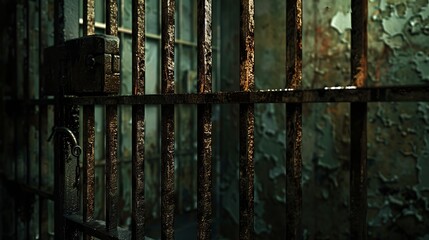 The contrast of darkness and light is evident in an old prison cell, secured by rusted metal bars