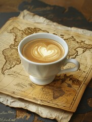 A creative design featuring a coffee cup with a world map pattern on a cafÃ© au lait background symbolizes global coffee culture and trade.
