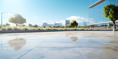 empty marble floor in modern office building with cityscape and blue sky