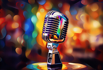 Close-up of retro vintage microphone, isolated on blurred colourful studio cafe and radio background. - obrazy, fototapety, plakaty
