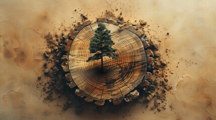 A seamless fusion of a car tire tread evolving into a tree ring motif against a light brown backdrop, symbolizing eco-friendly transit.