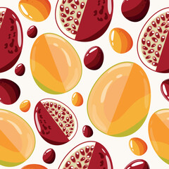 Easter seamless pattern with decorated eggs with mango, garnet and red, yellow eggs for holiday poster, textile or packaging	