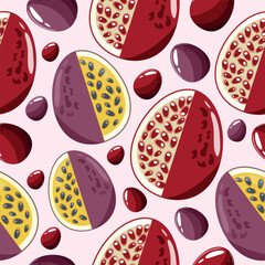 Easter seamless pattern with decorated eggs with garnet, passion fruit and red, purple eggs for holiday poster, textile or packaging	