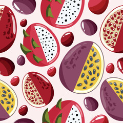 Easter seamless pattern with decorated eggs with passion fruit, drunk with garnet and red, purple eggs for holiday poster, textile or packaging	