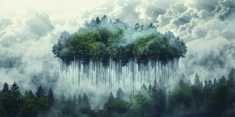 Silhouette of a cloud dripping code into a digital forest, on a cloud computing for reforestation background, concept for leveraging cloud computing in reforestation efforts.