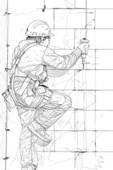 A construction worker scaling a wall. Suitable for construction, building, and industrial themes