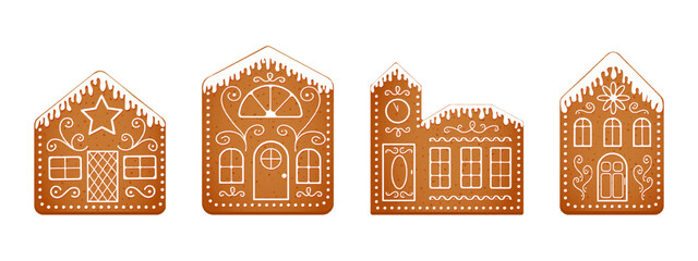 Set of gingerbread house cookies with icing glazed roofs. Cute ginger bread town isolated on white background. Christmas pastries. New Year sweet treats. Vector cartoon illustration.
