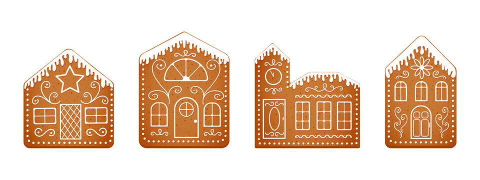 Set of gingerbread house cookies with icing glazed roofs. Cute ginger bread town isolated on white background. Christmas pastries. New Year sweet treats. Vector cartoon illustration.