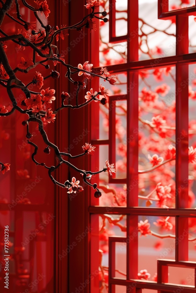 Poster a beautiful bouquet of flowers in a vase placed in front of a window. suitable for home decor or int