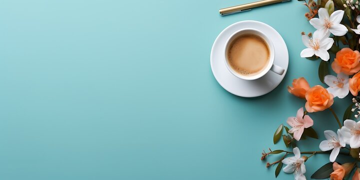 Cup of coffee with flowers on blue background. Flat lay, top view.
