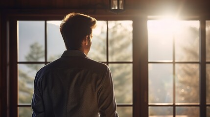 A man is standing in front of a window