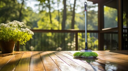 A mop stands, table in garden.