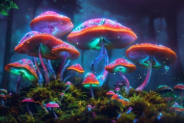 Fototapeta na wymiar Magic psychedelic mushrooms in the forest. Psilocybin glowing mushrooms. Bright colorful mushroom. Magic in the forest.