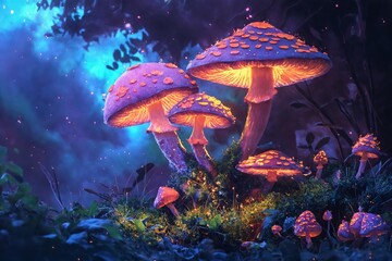 Magic psychedelic mushrooms in the forest. Psilocybin glowing mushrooms. Bright colorful mushroom. Magic in the forest.