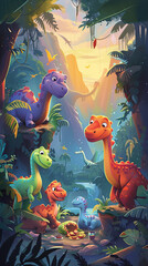 A colorful group of friendly dinosaurs having a picnic in a prehistoric landscape.