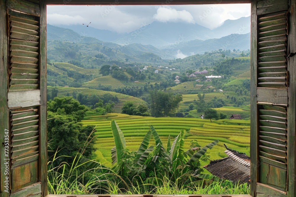 Poster a scenic view of a valley through an open window. suitable for various nature-themed designs