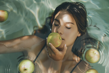 Healthy living. Woman floating in a pool with apples