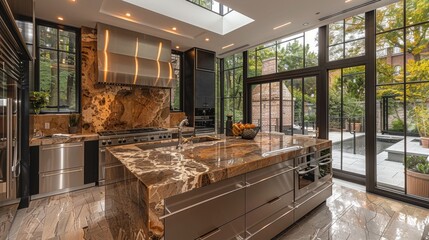 Modern Italian kitchen with sleek marble countertops and stainless steel appliances - obrazy, fototapety, plakaty