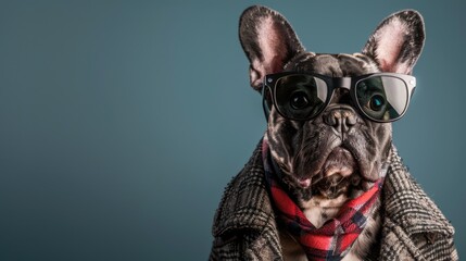 A fashionable dog wearing sunglasses and a scarf. Great for pet-themed designs