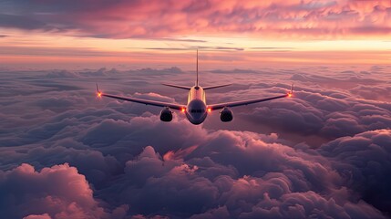 Airliner flying over fluffy clouds during a vivid sunset