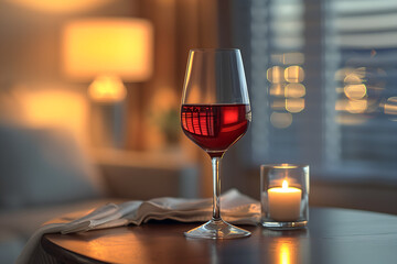 Exquisite wine glasses and bottle arranged elegantly on table, inviting a moment of relaxation. Inviting wine set amidst beautiful lighting, perfect for romantic dinner or celebratory gathering