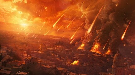 city ​​of sodom and gomorrah being destroyed by meteorites of burning fire falling in high resolution and high quality. biblical concept, religion, culture, history, meteorites