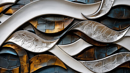 A contemporary decorative wall with interlocking abstract elements and metallic accents, showcased in brilliant