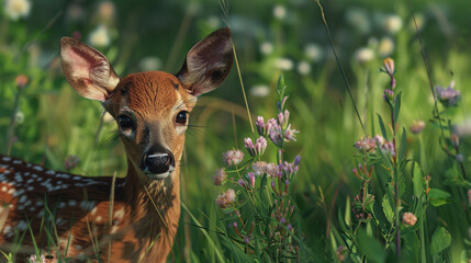 A curious baby deer exploring a lush green meadow, with wildflowers blooming in the background.