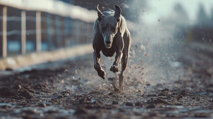 A dog running in the dirt on a track. Suitable for sports or pet-related designs