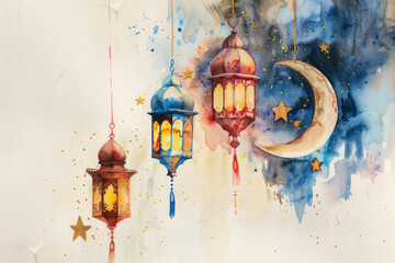 Ramadan Kareem holiday pastel greeting card, crescent moon, lantern - obrazy, fototapety, plakaty