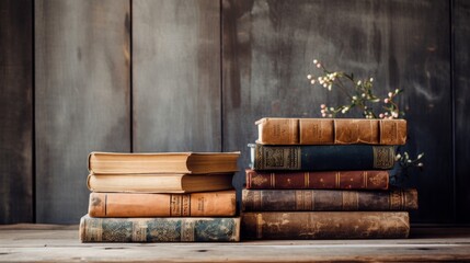 A neat stack of vintage books is placed on top of a wooden table