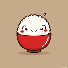 Cute rice cartoon in red bowl. Vector illustration for your design.