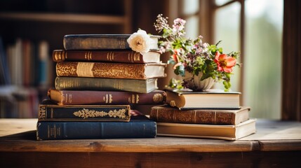 A neat stack of vintage books is placed on top of a wooden table - obrazy, fototapety, plakaty
