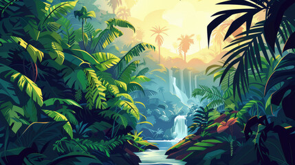 Vibrant Jungle Illustration with Diverse Flora and Fauna