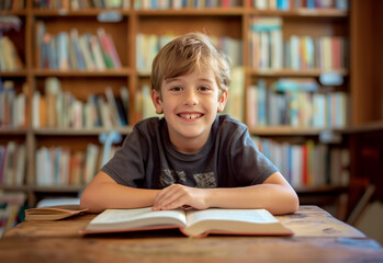 Happy cute boy blond sitting on the bookshelves background looks at the camera and smiles