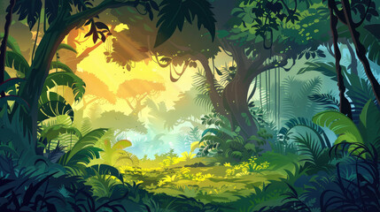 Fototapeta na wymiar Vibrant Jungle Illustration with Diverse Flora and Fauna