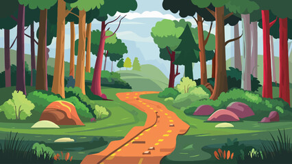 Exploring the Wilderness: Adventure Illustration of a Nature Trail Amidst Towering Trees