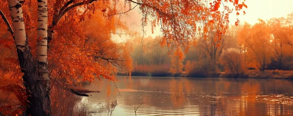 Fotobehang Clean lake landscape surrounded by trees in autumn © rizky