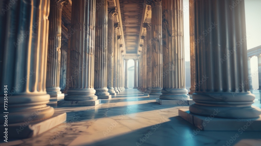 Poster A long row of columns in a building. Suitable for architectural and interior design projects