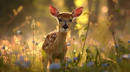 Meubelstickers A curious little fawn cautiously exploring a sunlit clearing, surrounded by tall grass and blooming wildflowers. © baseer