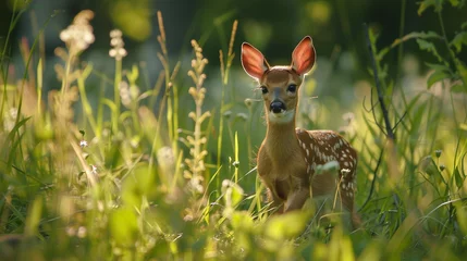 Rolgordijnen A curious little fawn cautiously exploring a sunlit clearing, surrounded by tall grass and blooming wildflowers. © baseer
