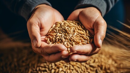 A persons hands holding a handful of grain - obrazy, fototapety, plakaty