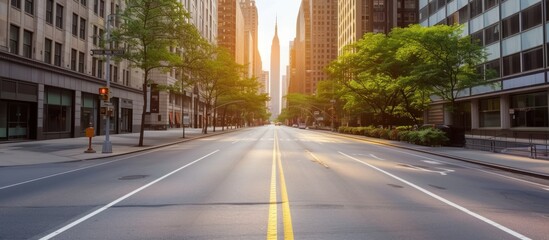 A quiet New York city street in summer with a view of the bright sun - obrazy, fototapety, plakaty