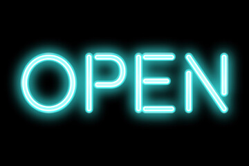 Open text signboard neon effect. Illuminated night sign for open shop