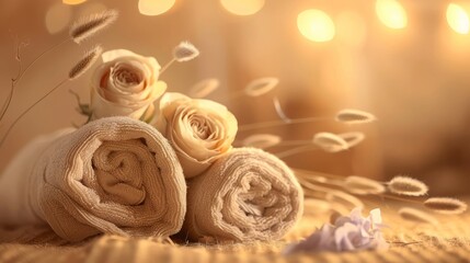 Roll up of towels flowers for massage spa treatment ,aroma ,healthy wellness relax calm and luxurious atmosphere associated with pampering and well-being healthy skin practices