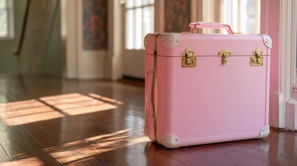 A pink suitcase is placed on top of a hard wood floor in a room