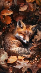 A cute baby fox curled up in a cozy den, surrounded by autumn foliage.